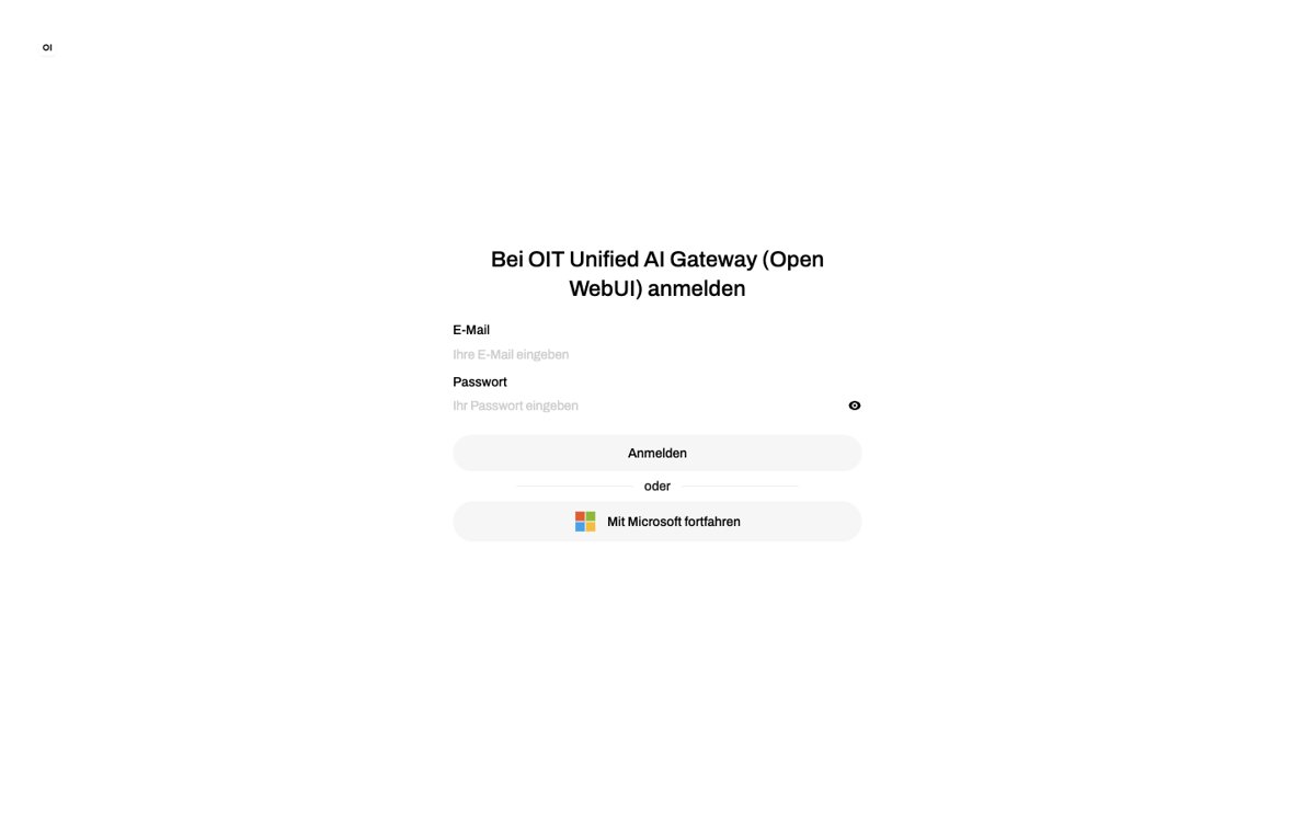 Anmeldeseite des OIT KI Gateways mit E-Mail/Passwort und Microsoft-Login